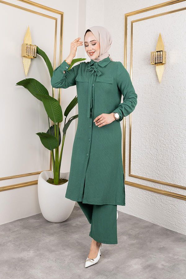Flar Detaylı İkili Tesettür Takım-3151 Yeşil