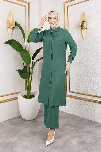 Flar Detaylı İkili Tesettür Takım-3151 Yeşil - Thumbnail