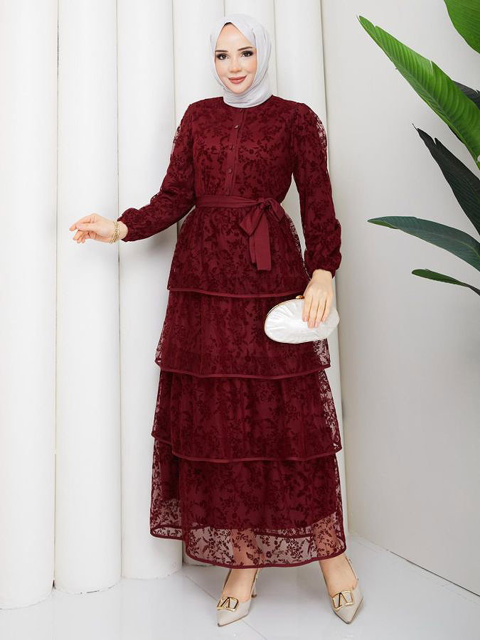 Flog Baskı Eteği Katlı Elbise- 5180 Bordo