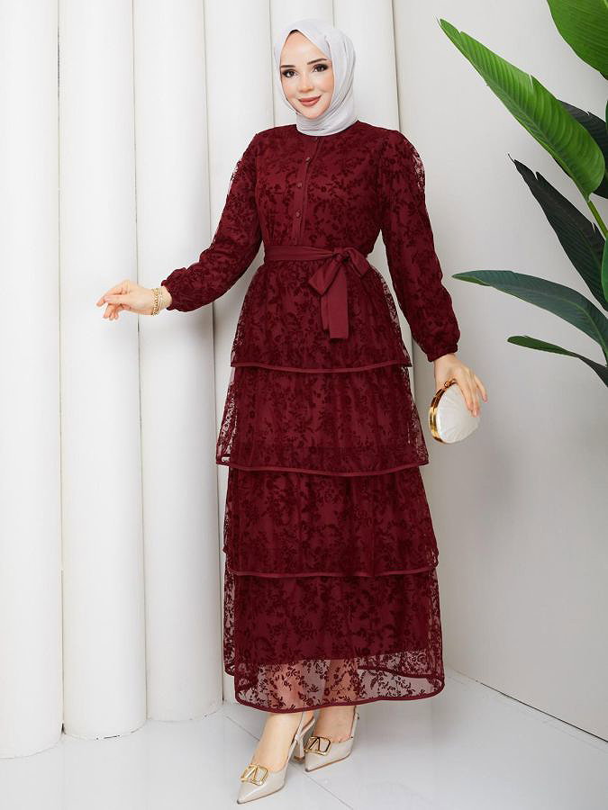 Flog Baskı Eteği Katlı Elbise- 5180 Bordo