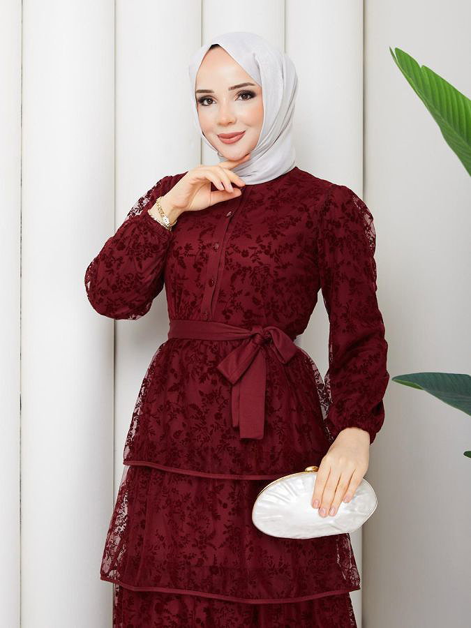 Flog Baskı Eteği Katlı Elbise- 5180 Bordo