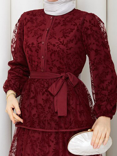 Flog Baskı Eteği Katlı Elbise- 5180 Bordo - Thumbnail