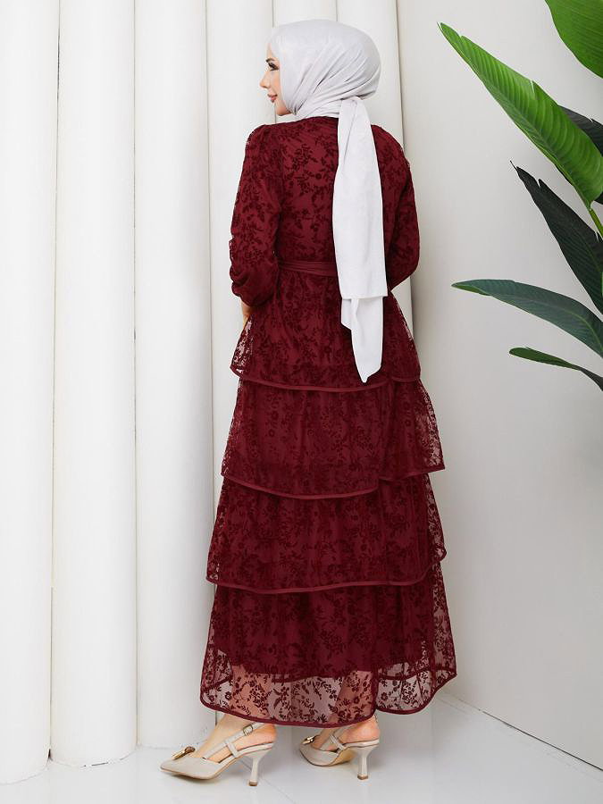 Flog Baskı Eteği Katlı Elbise- 5180 Bordo