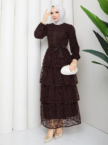 Flog Baskı Eteği Katlı Elbise- 5180 Kahve rengi - Thumbnail