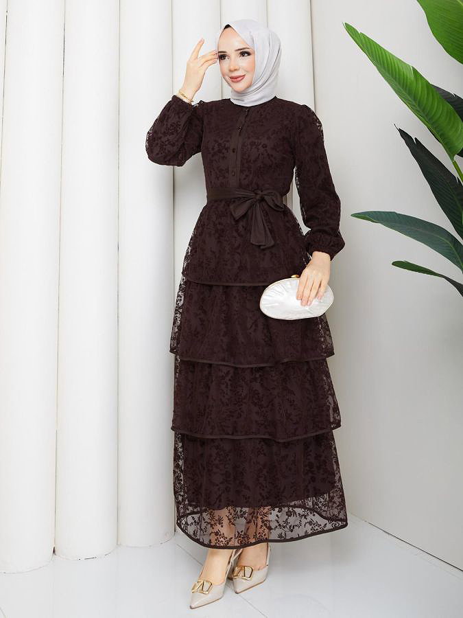 Flog Baskı Eteği Katlı Elbise- 5180 Kahve rengi