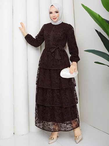 Flog Baskı Eteği Katlı Elbise- 5180 Kahve rengi - Thumbnail