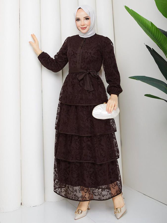 Flog Baskı Eteği Katlı Elbise- 5180 Kahve rengi