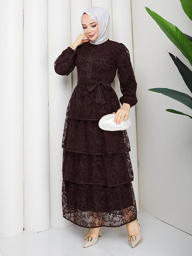 Flog Baskı Eteği Katlı Elbise- 5180 Kahve rengi - Thumbnail