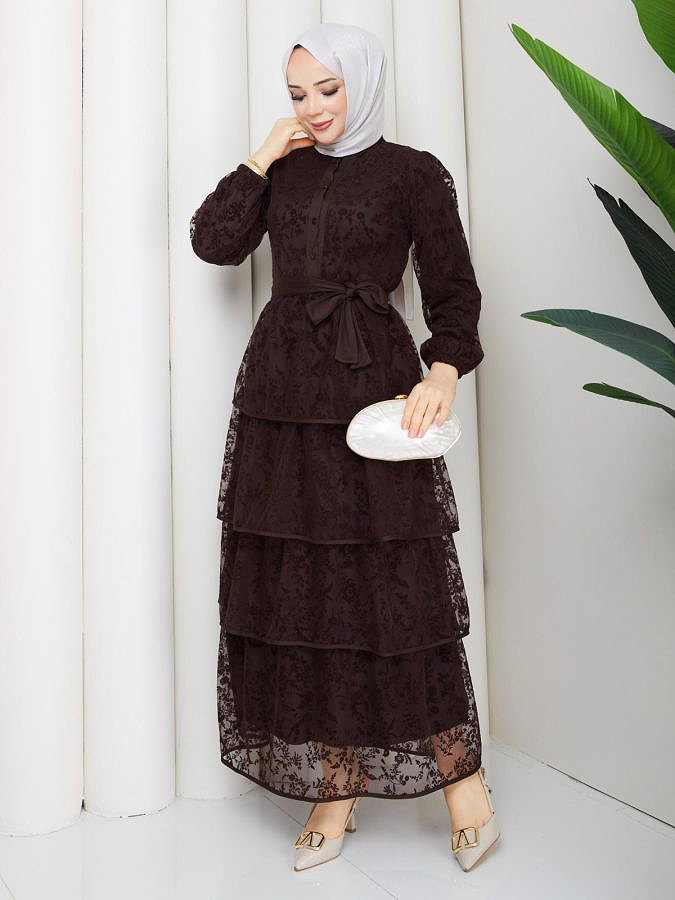 Flog Baskı Eteği Katlı Elbise- 5180 Kahve rengi