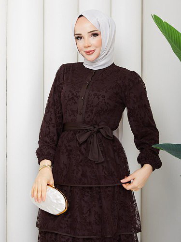 Flog Baskı Eteği Katlı Elbise- 5180 Kahve rengi - Thumbnail