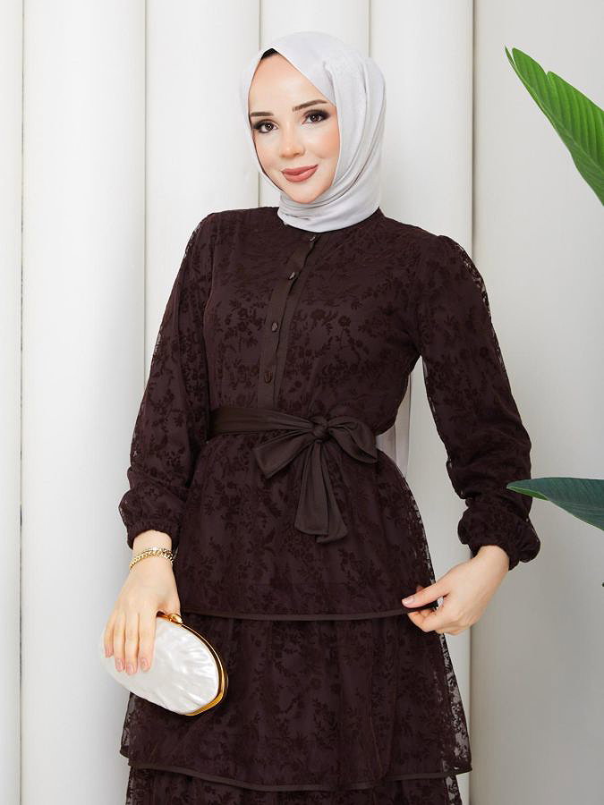 Flog Baskı Eteği Katlı Elbise- 5180 Kahve rengi