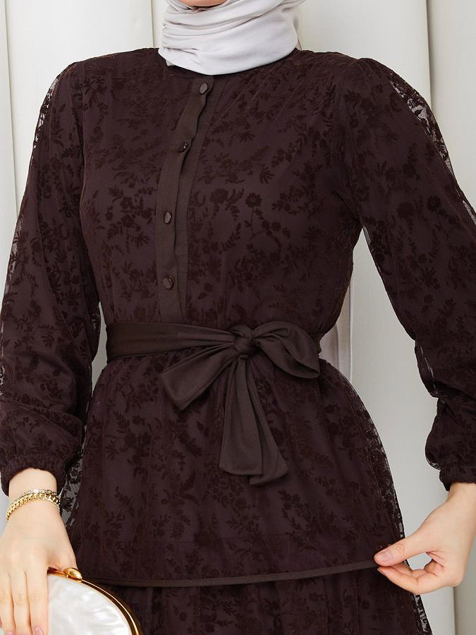 Flog Baskı Eteği Katlı Elbise- 5180 Kahve rengi