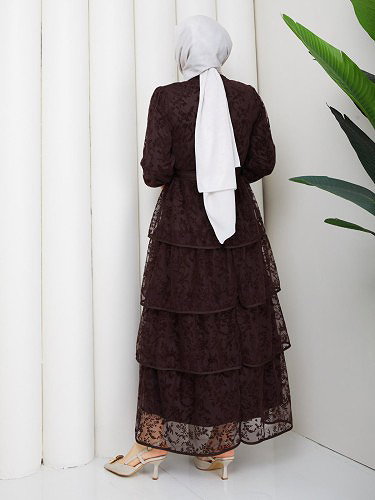 Flog Baskı Eteği Katlı Elbise- 5180 Kahve rengi - Thumbnail