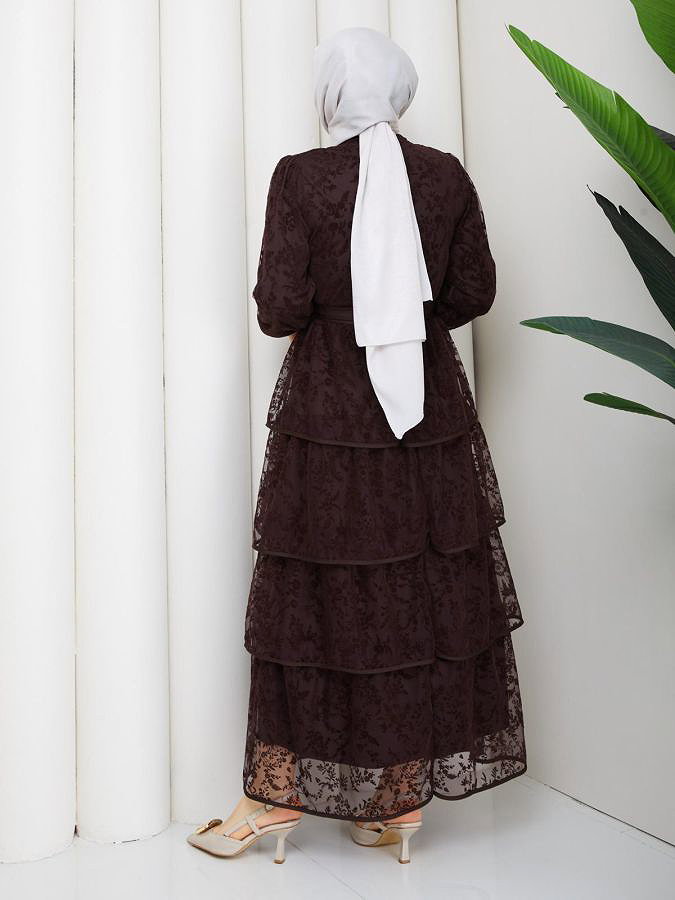 Flog Baskı Eteği Katlı Elbise- 5180 Kahve rengi