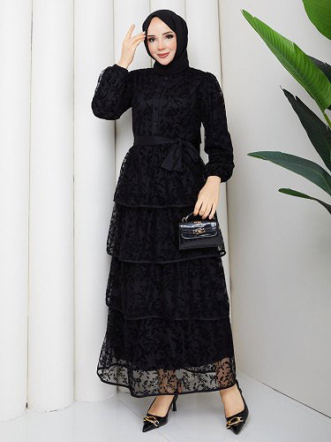 Flog Baskı Eteği Katlı Elbise- 5180 Siyah - Thumbnail