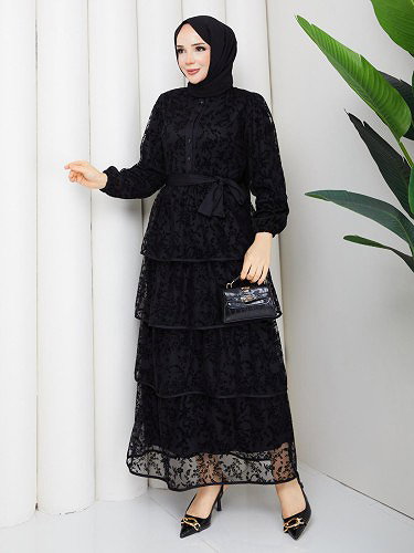 Flog Baskı Eteği Katlı Elbise- 5180 Siyah - Thumbnail