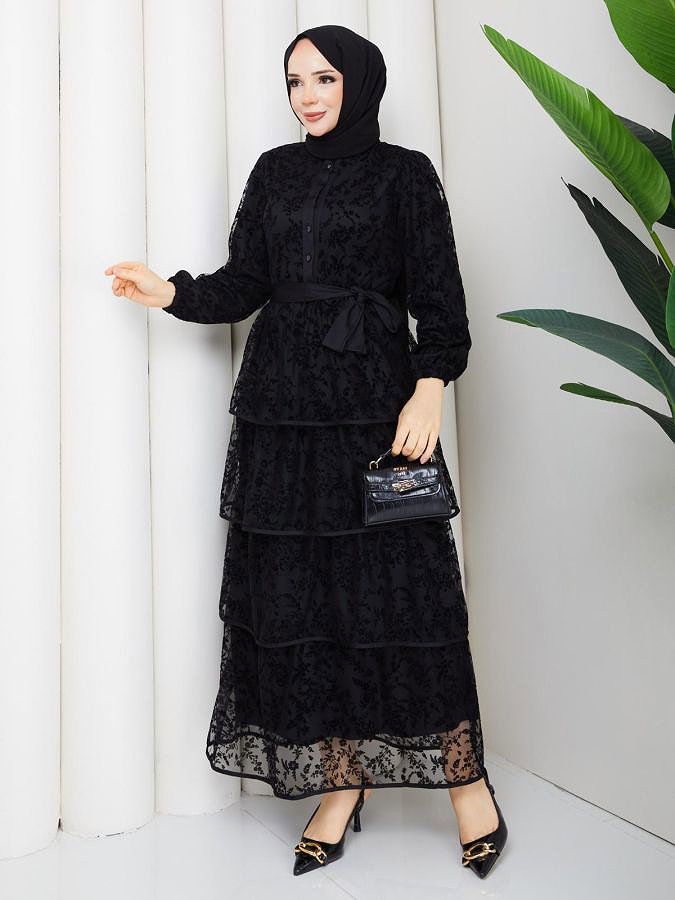 Flog Baskı Eteği Katlı Elbise- 5180 Siyah