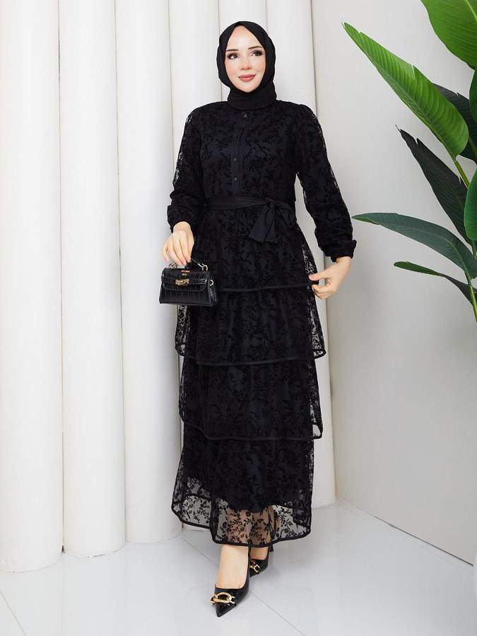 Flog Baskı Eteği Katlı Elbise- 5180 Siyah