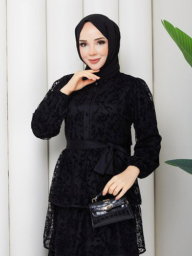 Flog Baskı Eteği Katlı Elbise- 5180 Siyah - Thumbnail