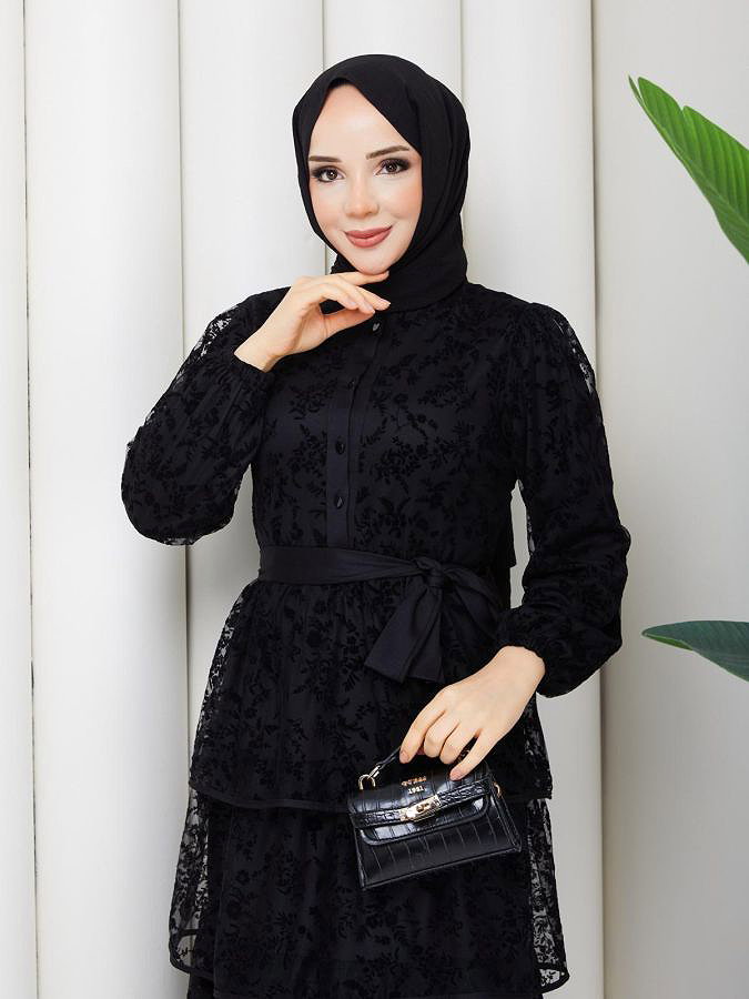 Flog Baskı Eteği Katlı Elbise- 5180 Siyah