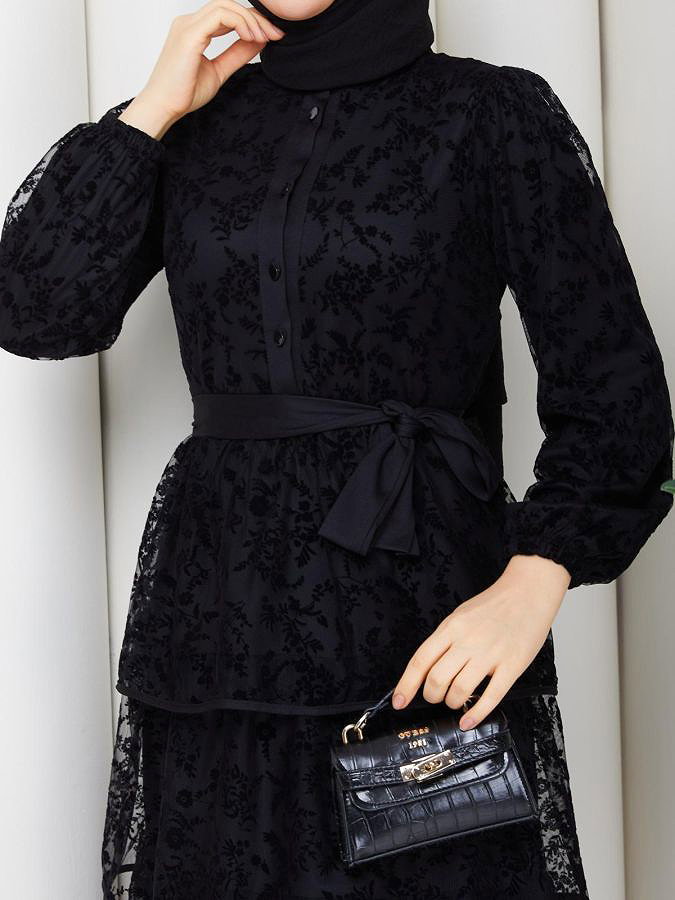 Flog Baskı Eteği Katlı Elbise- 5180 Siyah