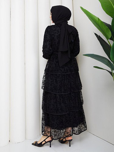 Flog Baskı Eteği Katlı Elbise- 5180 Siyah - Thumbnail