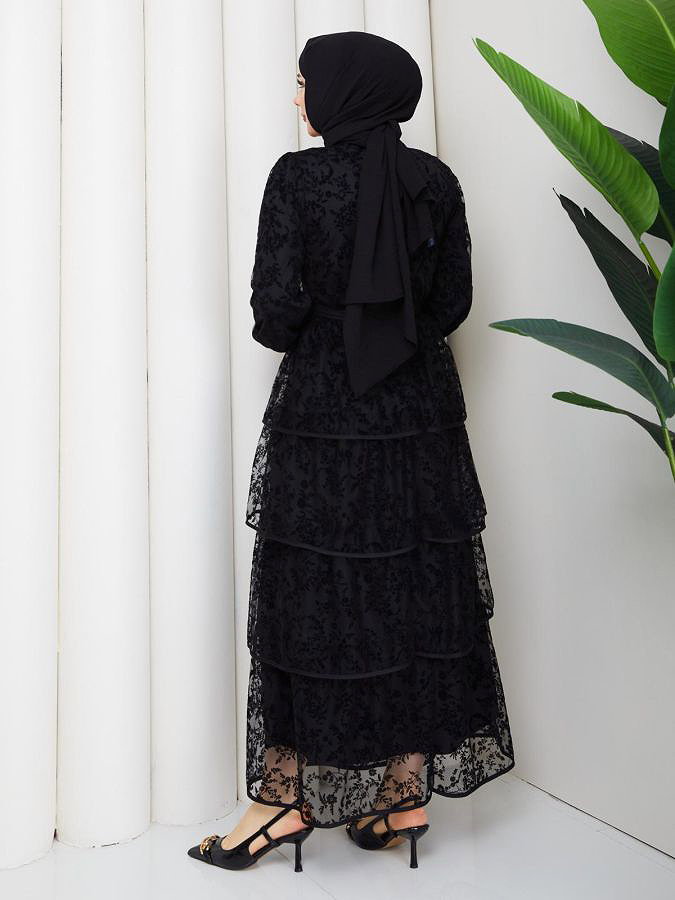 Flog Baskı Eteği Katlı Elbise- 5180 Siyah