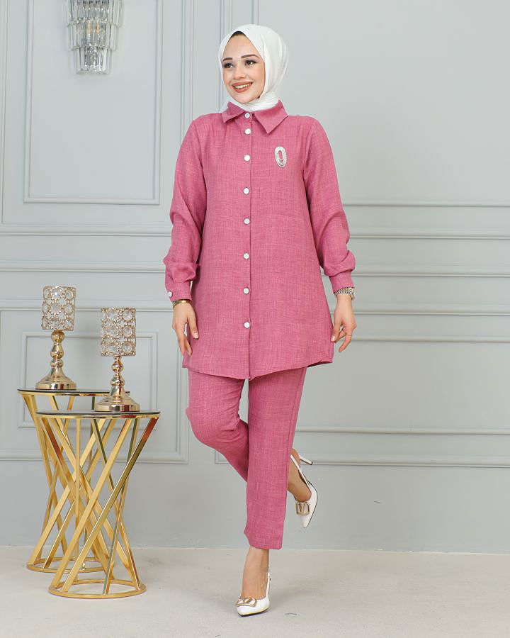 Gömlek Yakalı Broşlu İkili Takım-4010 Gülkurusu