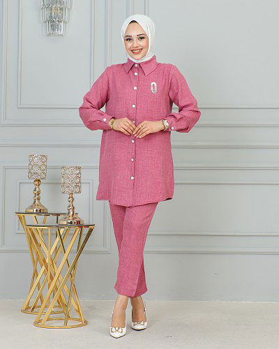 Gömlek Yakalı Broşlu İkili Takım-4010 Gülkurusu - Thumbnail