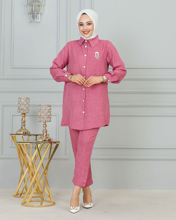 Gömlek Yakalı Broşlu İkili Takım-4010 Gülkurusu