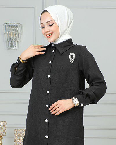 LAVİEN - Gömlek Yakalı Broşlu İkili Takım-4010 Siyah (1)