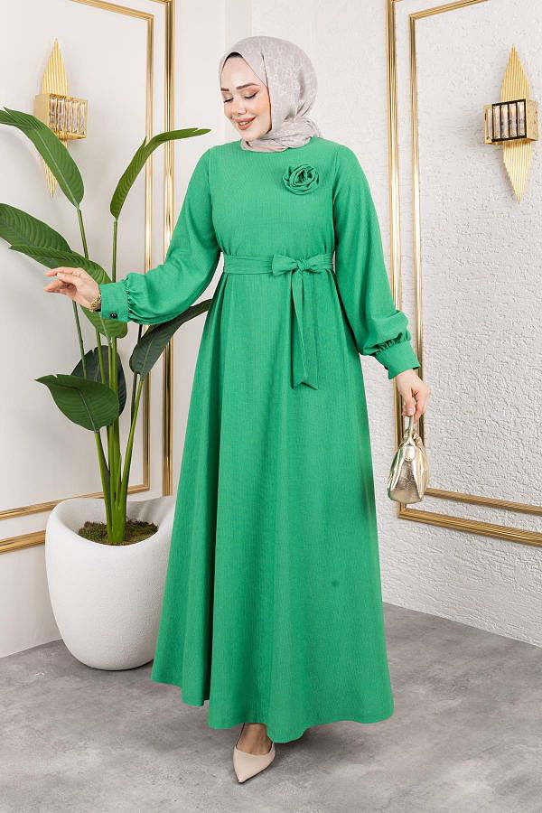 Gül Detaylı Tesettür Elbise-5028 Benetton yeşili