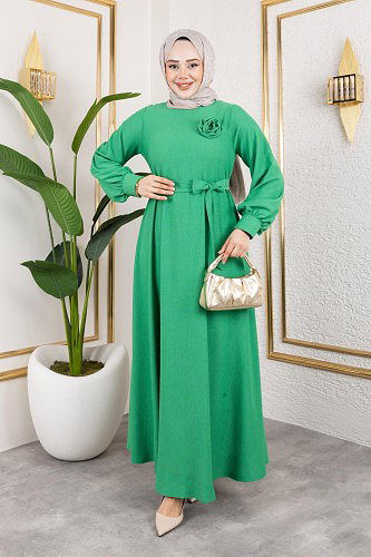 Gül Detaylı Tesettür Elbise-5028 Benetton yeşili - Thumbnail