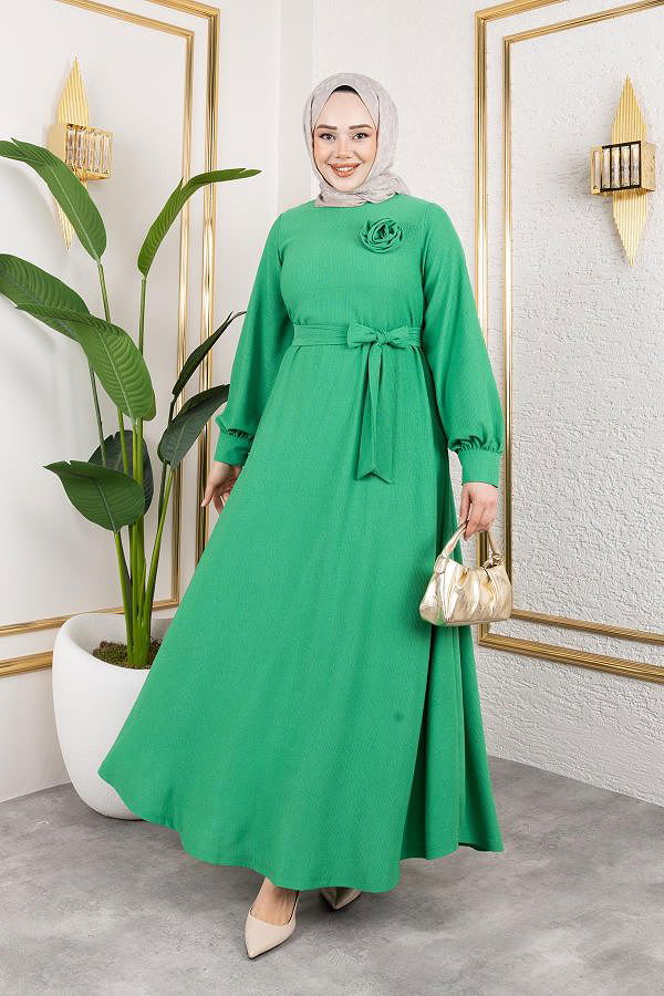Gül Detaylı Tesettür Elbise-5028 Benetton yeşili