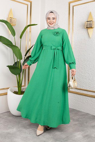 Gül Detaylı Tesettür Elbise-5028 Benetton yeşili - Thumbnail