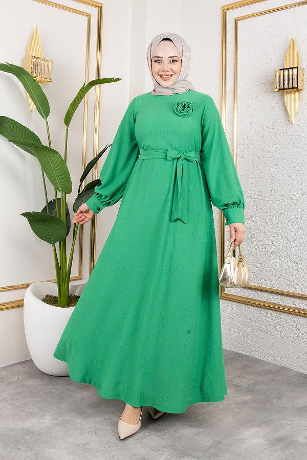 Gül Detaylı Tesettür Elbise-5028 Benetton yeşili