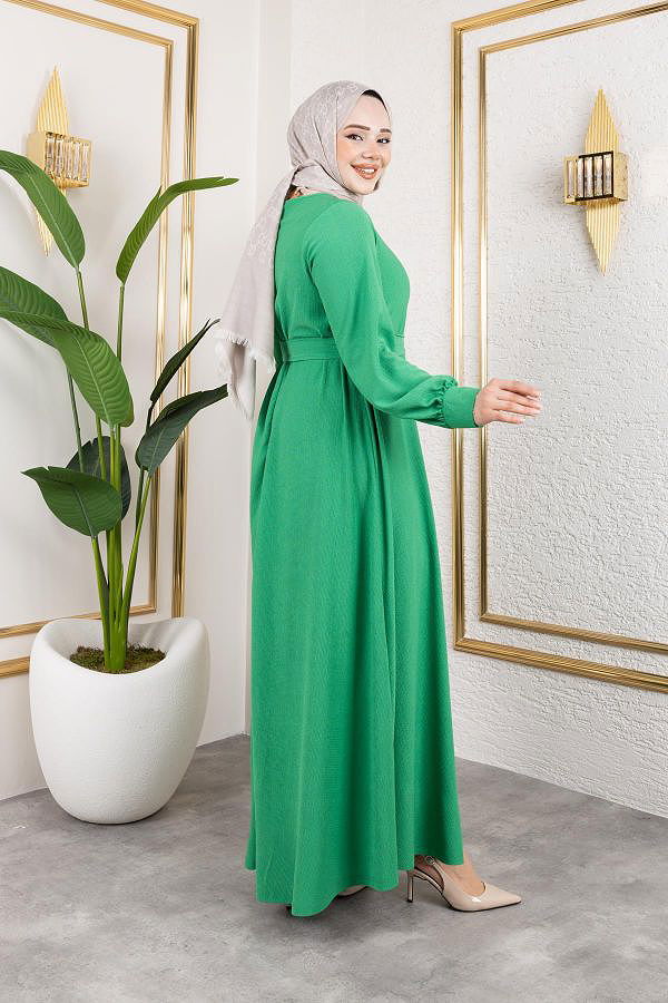 Gül Detaylı Tesettür Elbise-5028 Benetton yeşili