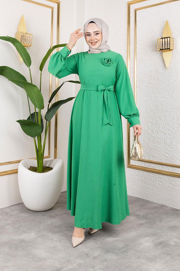 Gül Detaylı Tesettür Elbise-5028 Benetton yeşili