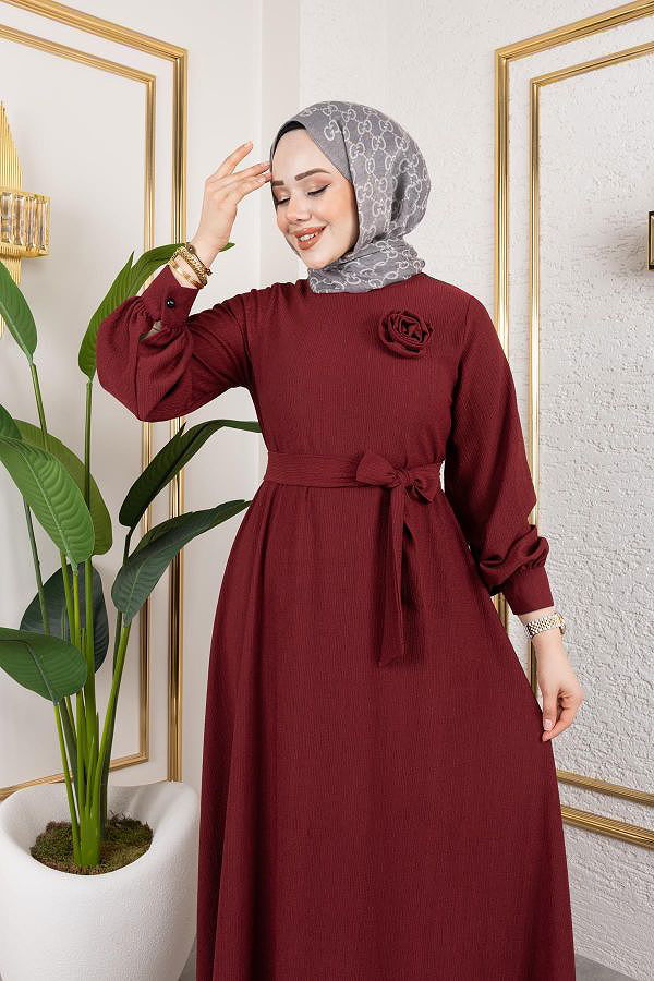 Gül Detaylı Tesettür Elbise-5028 Bordo