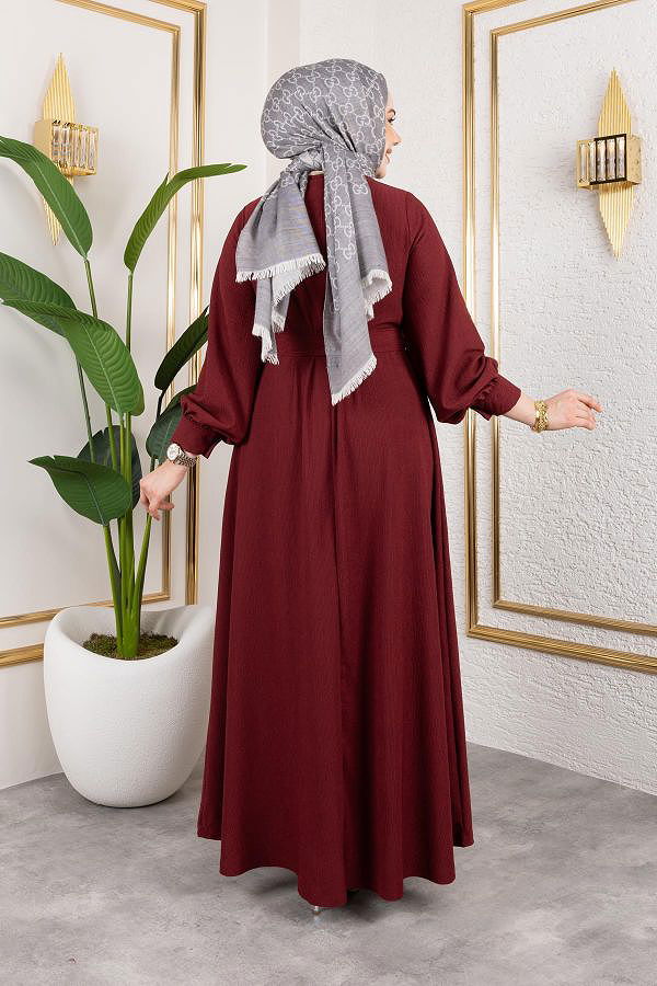 Gül Detaylı Tesettür Elbise-5028 Bordo