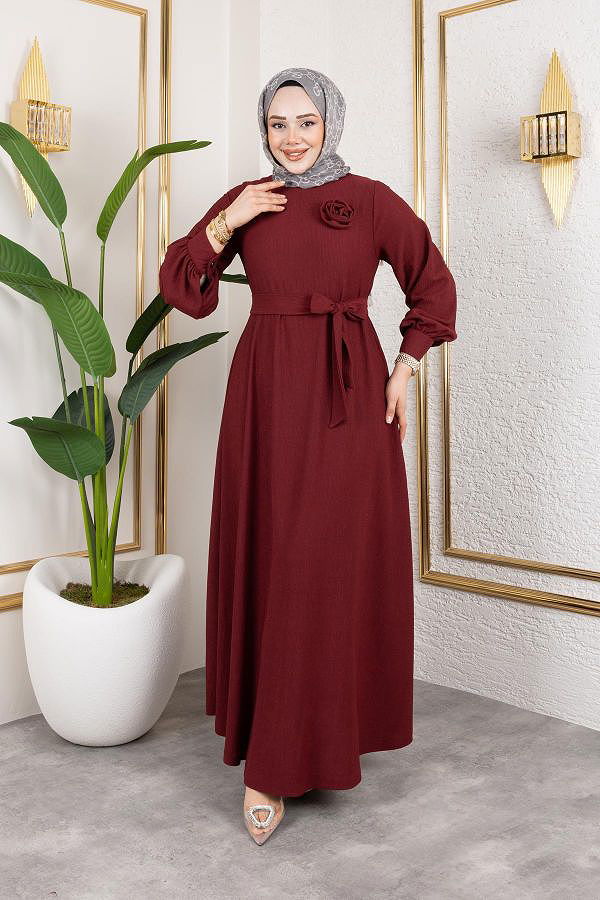 Gül Detaylı Tesettür Elbise-5028 Bordo