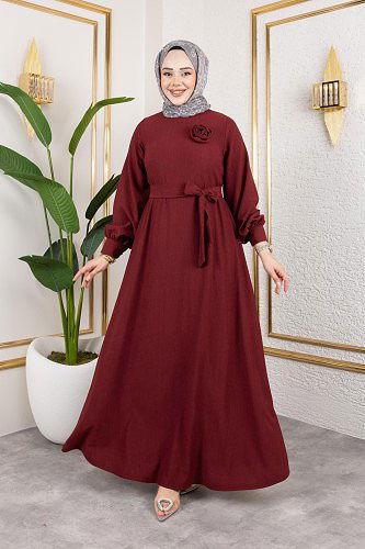Gül Detaylı Tesettür Elbise-5028 Bordo - Thumbnail