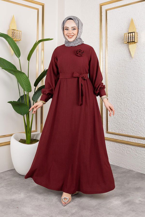 Gül Detaylı Tesettür Elbise-5028 Bordo