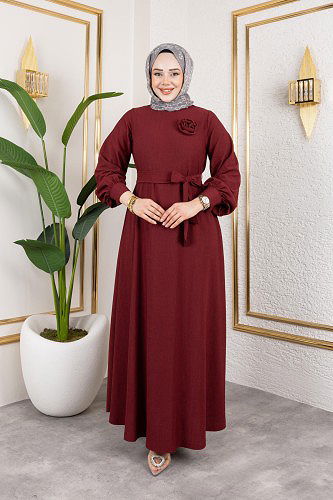 Gül Detaylı Tesettür Elbise-5028 Bordo - Thumbnail