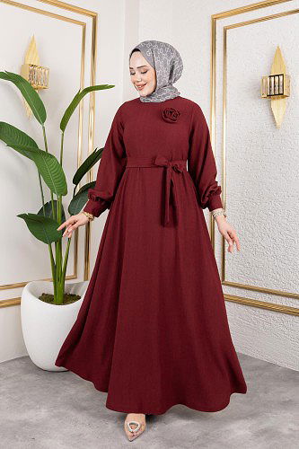 Modaebva - Gül Detaylı Tesettür Elbise-5028 Bordo