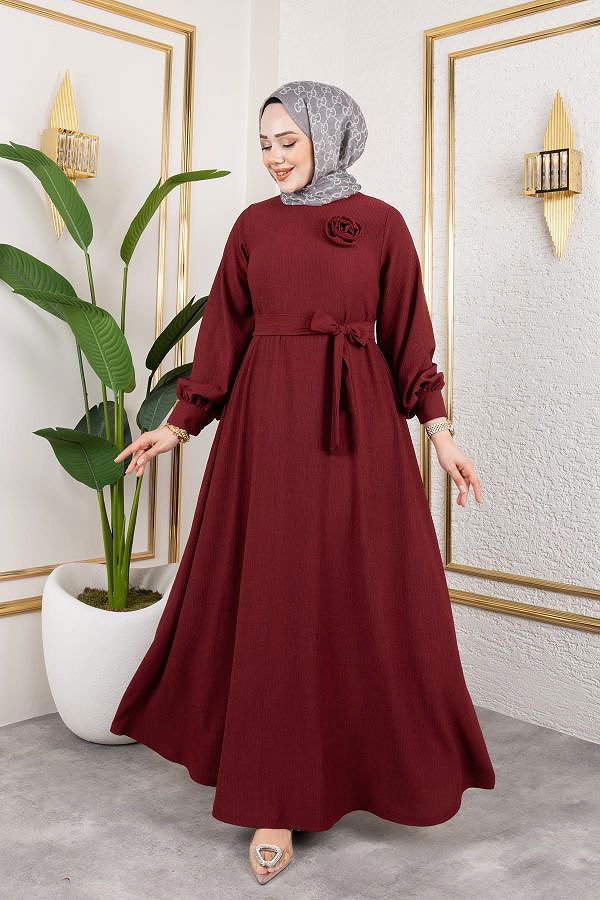 Gül Detaylı Tesettür Elbise-5028 Bordo