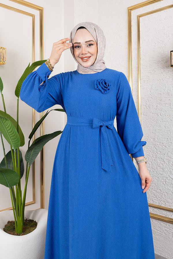 Gül Detaylı Tesettür Elbise-5028 Saks mavisi