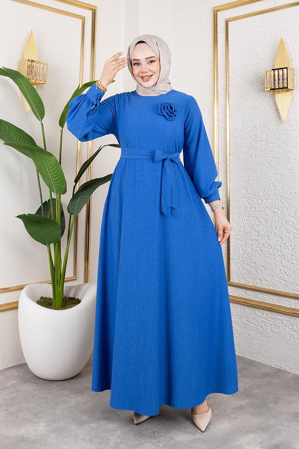 Gül Detaylı Tesettür Elbise-5028 Saks mavisi