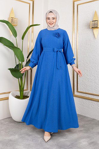 Modaebva - Gül Detaylı Tesettür Elbise-5028 Saks mavisi