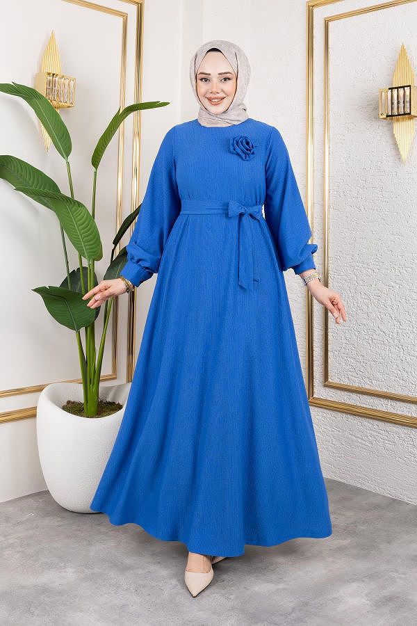 Gül Detaylı Tesettür Elbise-5028 Saks mavisi